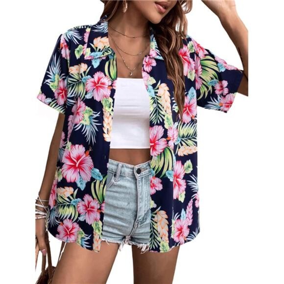 Women Hawaiian Shirt Soft Cool Summer Hawaii Shirts Floral Tropic Print - Picture 1 of 6